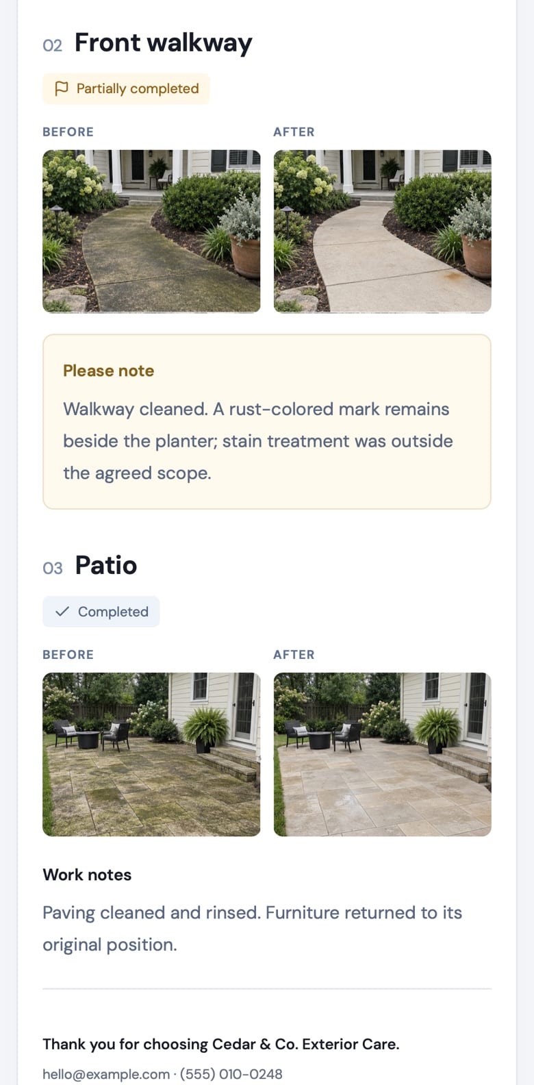 A partly completed walkway in a customer report, with a note that a rust-colored mark remains beside the planter.