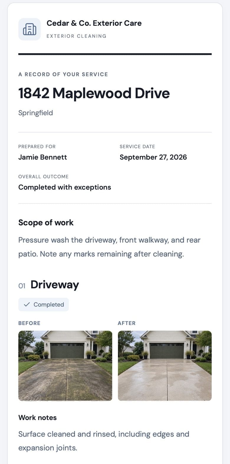 A customer report on a phone: business name, property address, service date, overall outcome, scope of work, and the driveway’s before and after photos.
